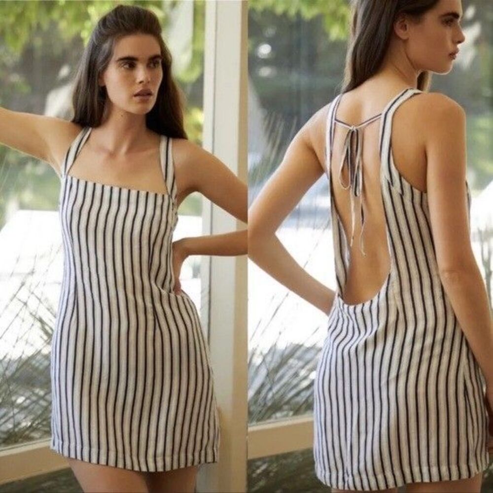 NWT Anthropologie Linen Sundress L Square Neck Open Back Striped Shift Mini
